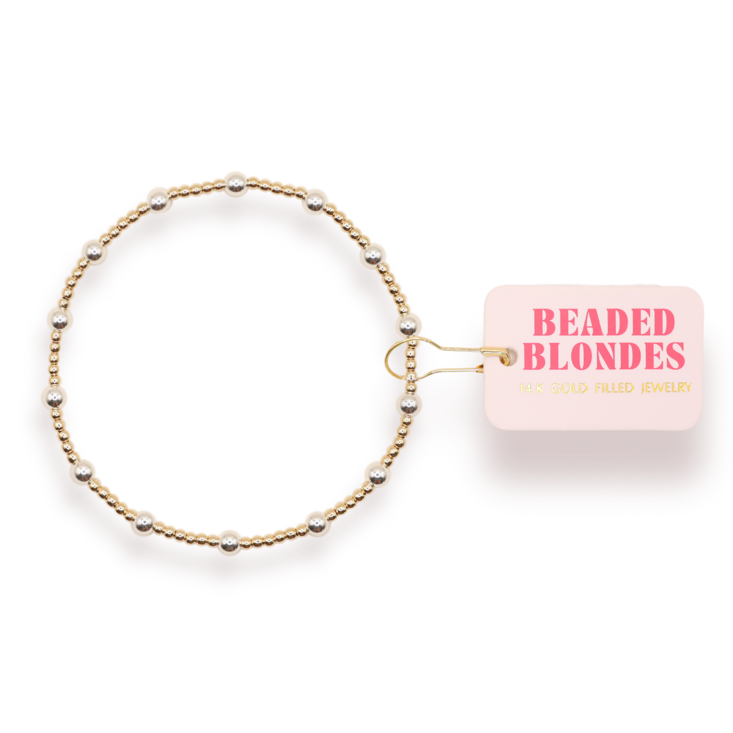 Beaded bracelet with 'Beaded Blondes' packaging on a white background