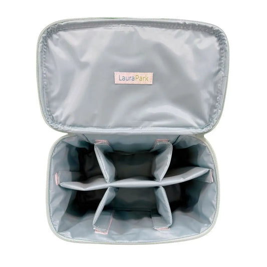 Gray cosmetic bag with multiple compartments and 'Laura Park' branding on a white background