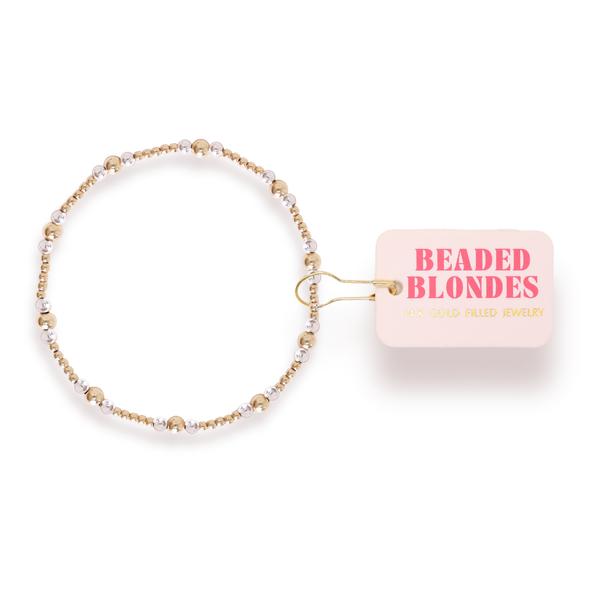 Beaded blonde bracelet with 'Beaded Blondes' packaging on a white background