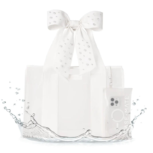 Clear product packaging with a decorative bow and water splash effect on a white background
