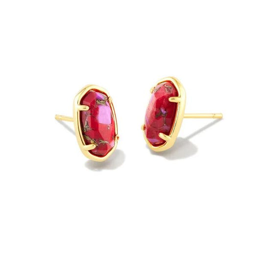 A pair of Kendra Scott Grayson Gold Stud Earrings with a red gemstone centerpiece.