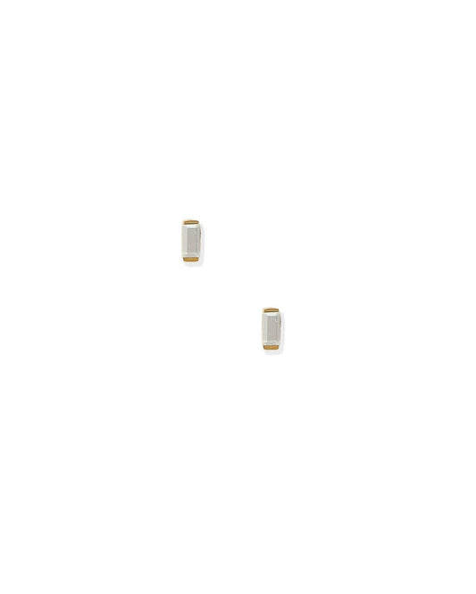 Two small rectangular earrings on a white background