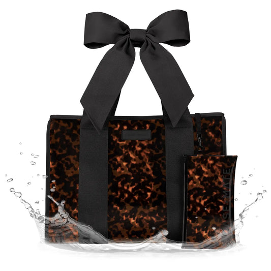 tortoise shell waterproof tote back with black bow strap