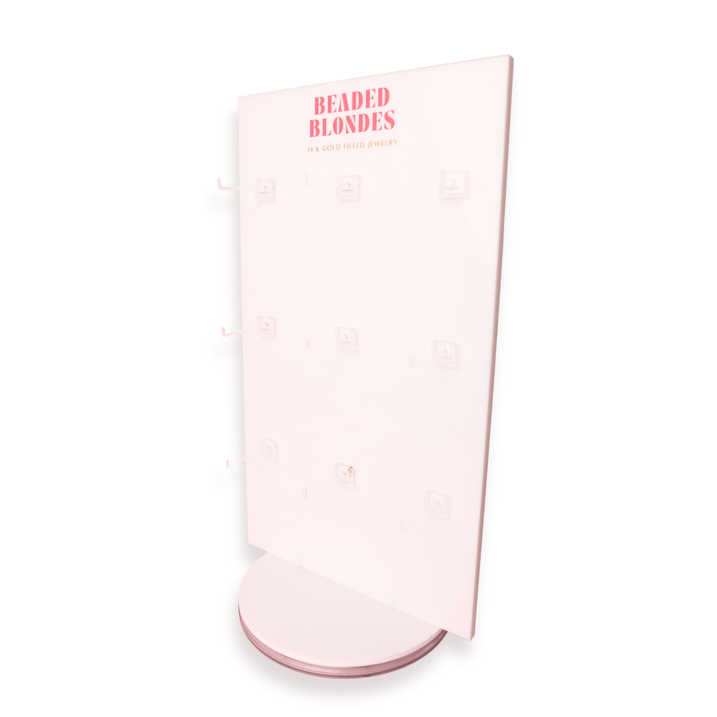 Pink cylindrical container with 'Beaded Blondes' branding on a white background