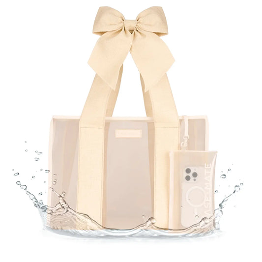 Beige tote bag with a bow and two bottles of perfume on a white background
