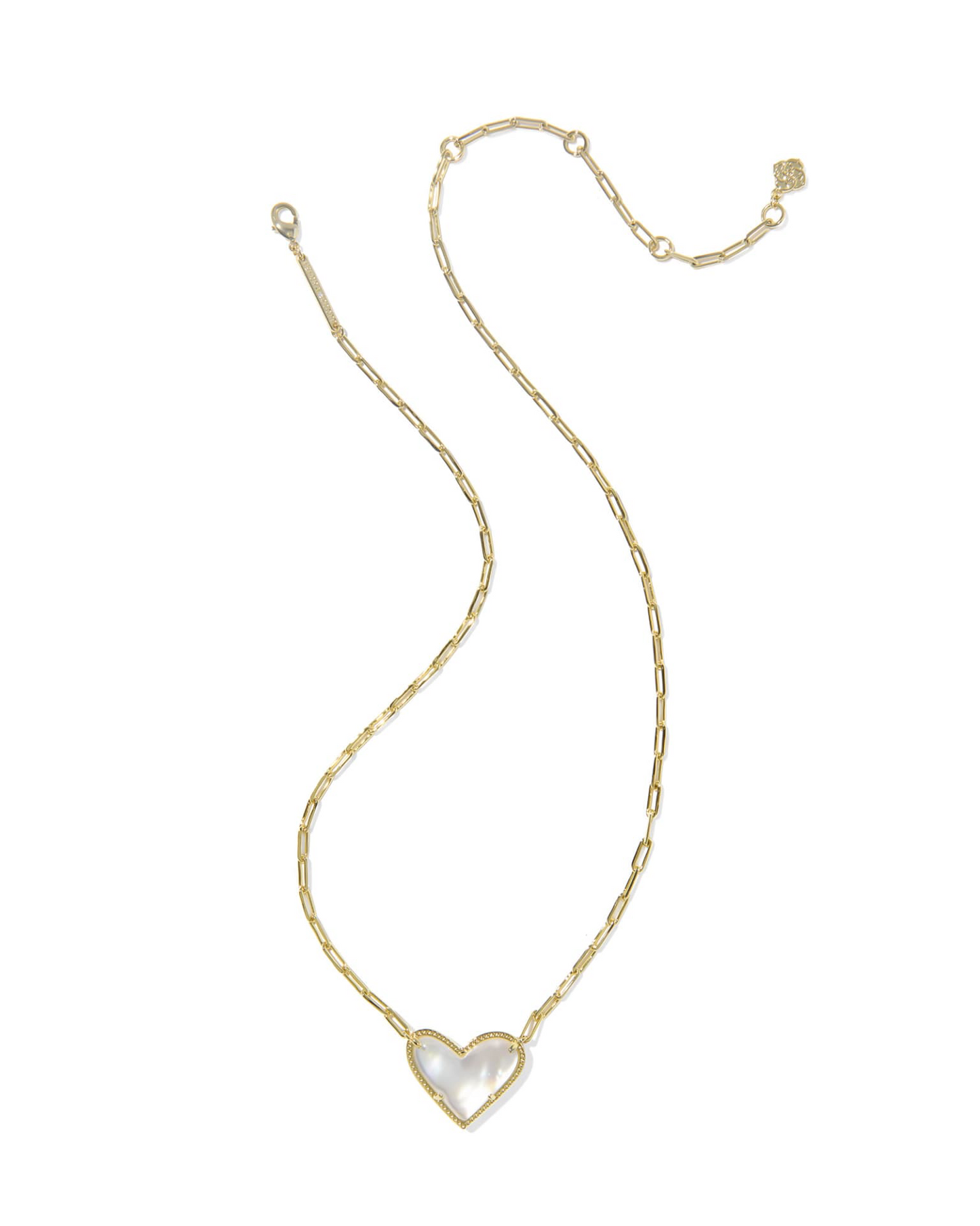 Gold necklace with a heart-shaped pearl pendant on a white background