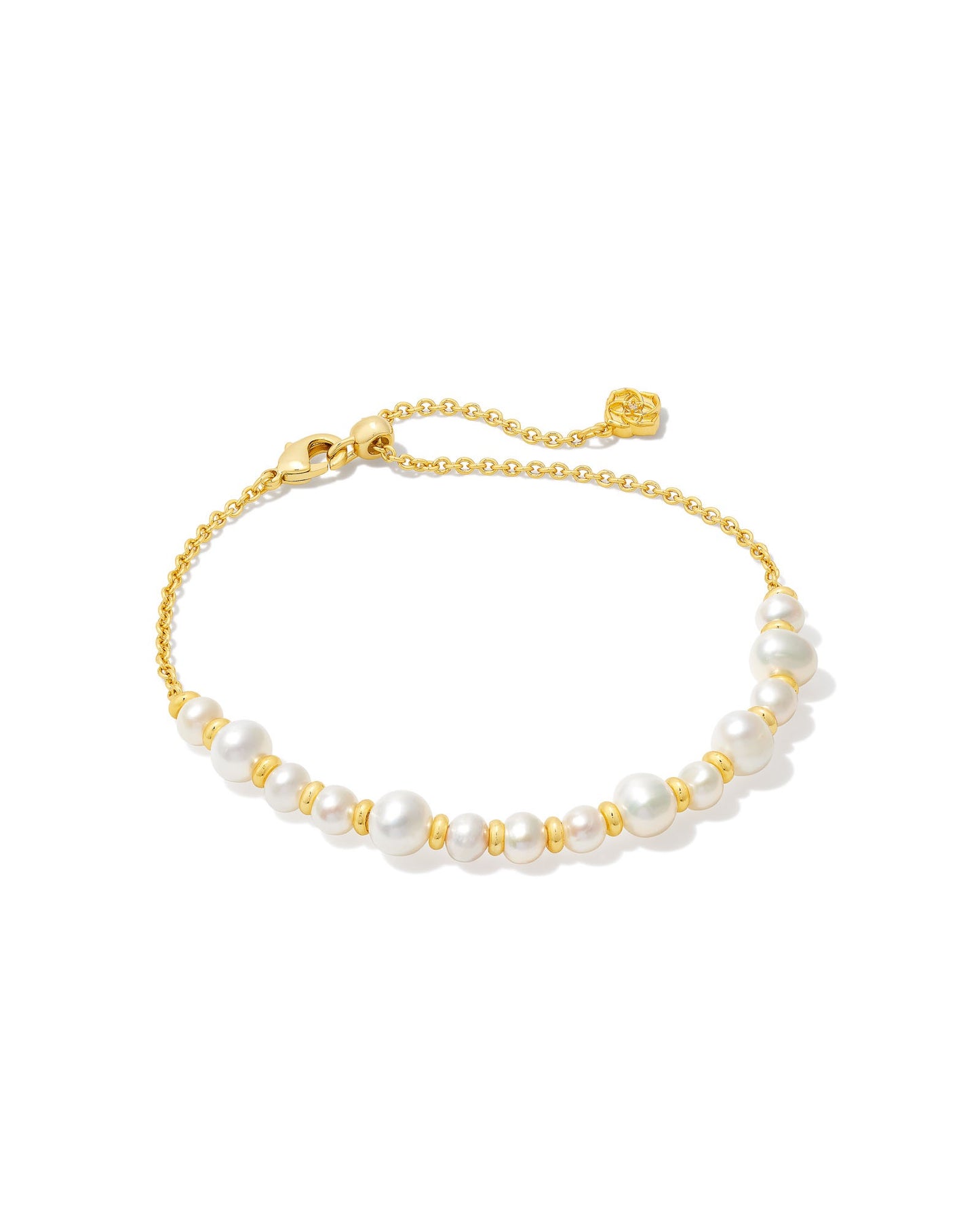 A gold-colored bracelet with white pearl beads and a lobster clasp closure.