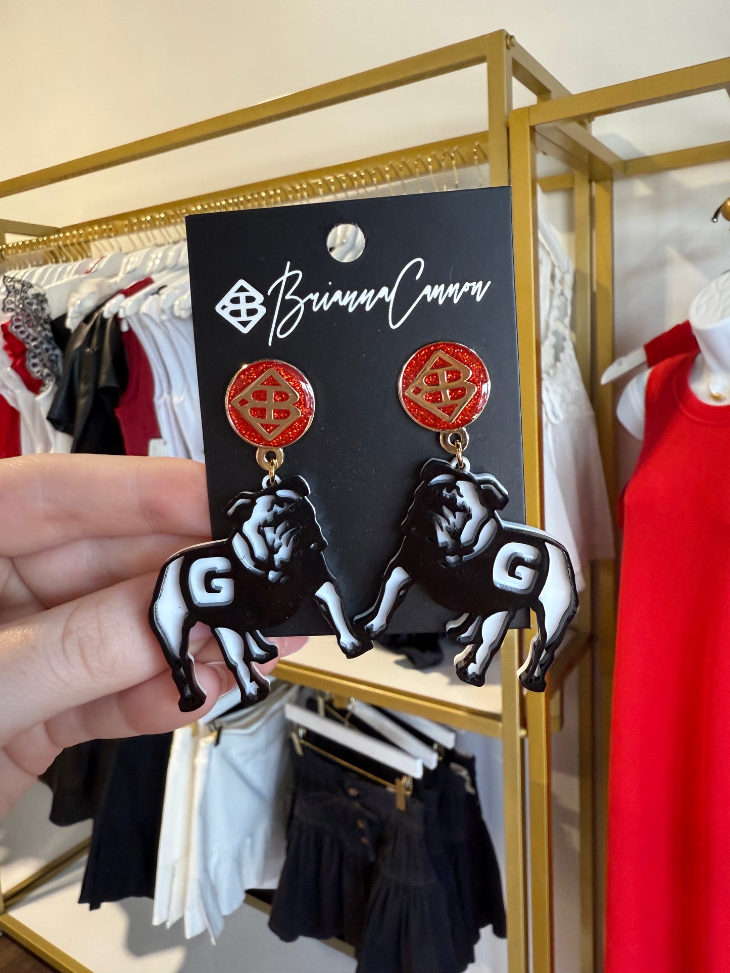 BOUTIQUE BRIANNA CANNON GEORGIA BULLDOGS EARRINGS IN HAND