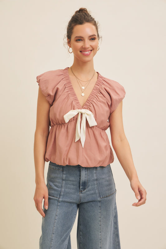 BOUTIQUE BUBBLE BOW TOP FRONT MAUVE