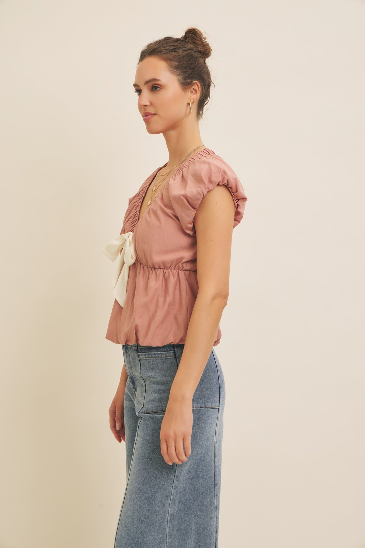 BOUTIQUE BUBBLE BOW TOP SIDE MAUVE