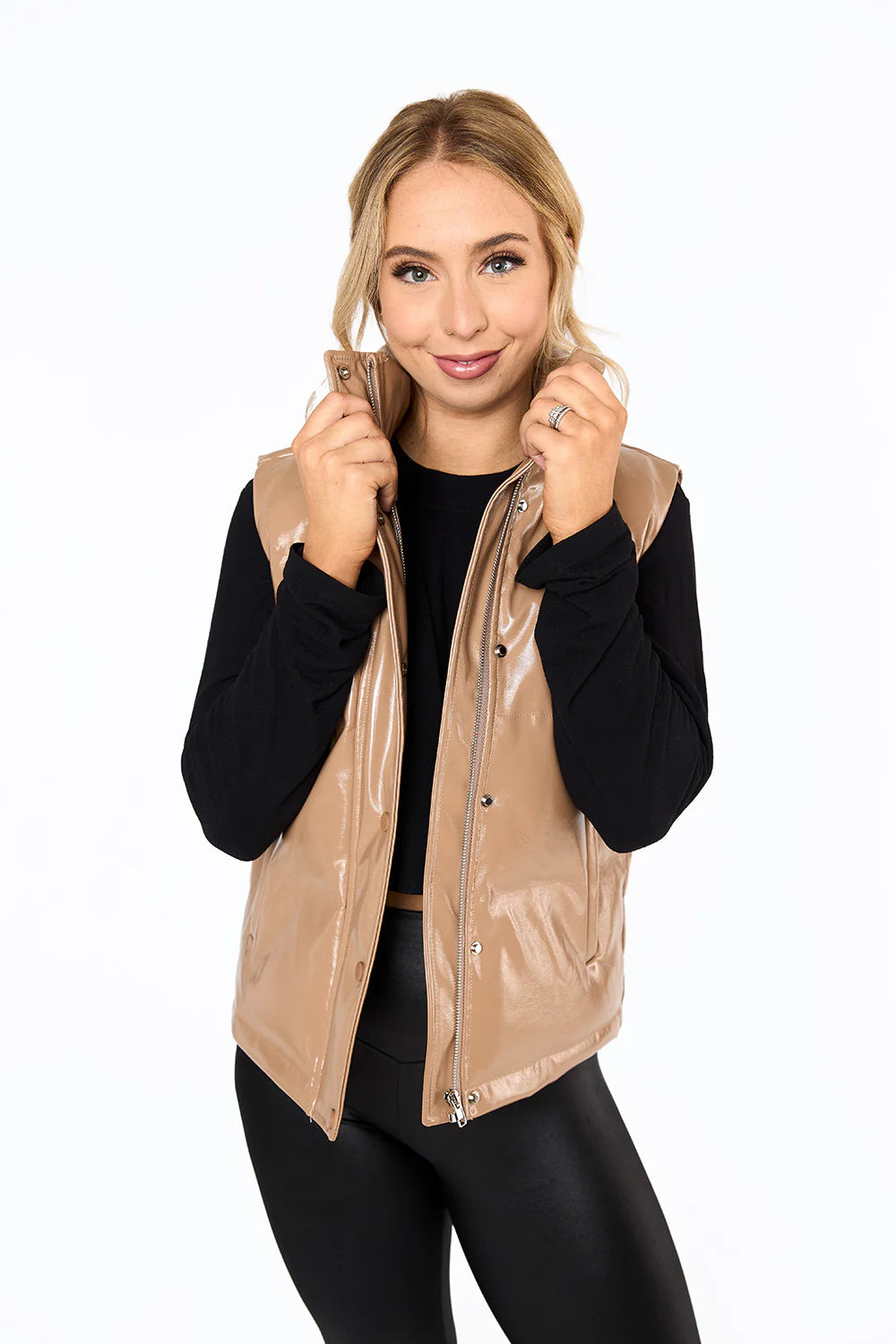 BOUTIQUE BUDDY LOVE HELEN VEGAN LEATHER VEST LATTE FRONT