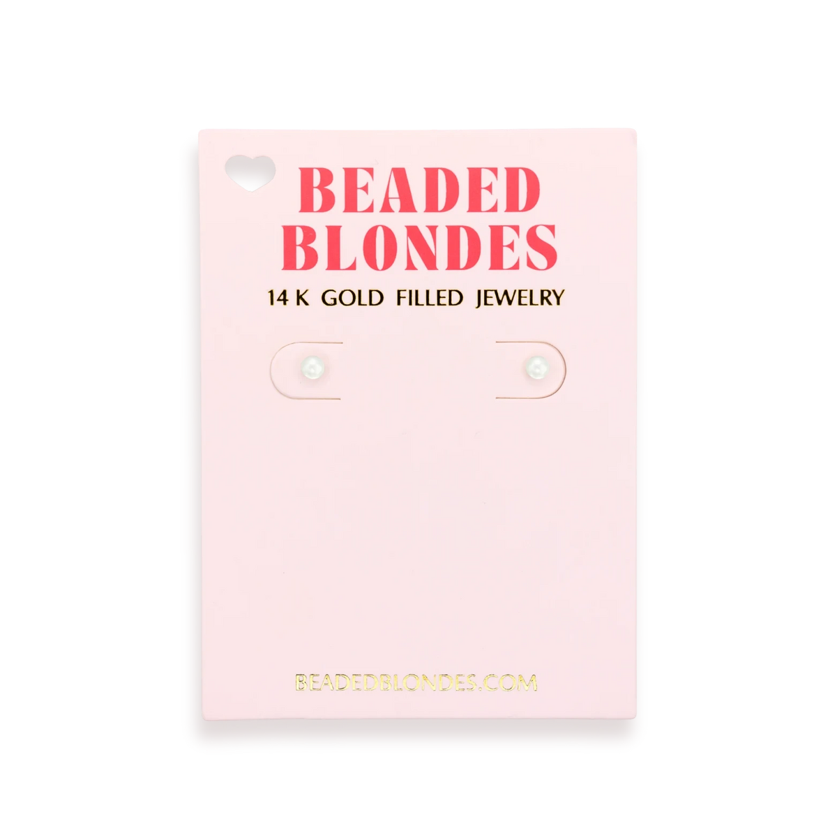 Beaded Blondes 3MM Pearl Stud Earrings displayed on a pink jewelry card.