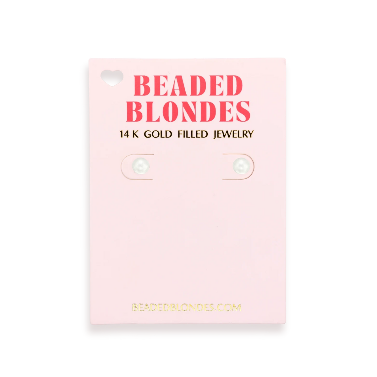 Beaded Blondes 5MM Pearl Stud Earrings displayed on a pink jewelry card.