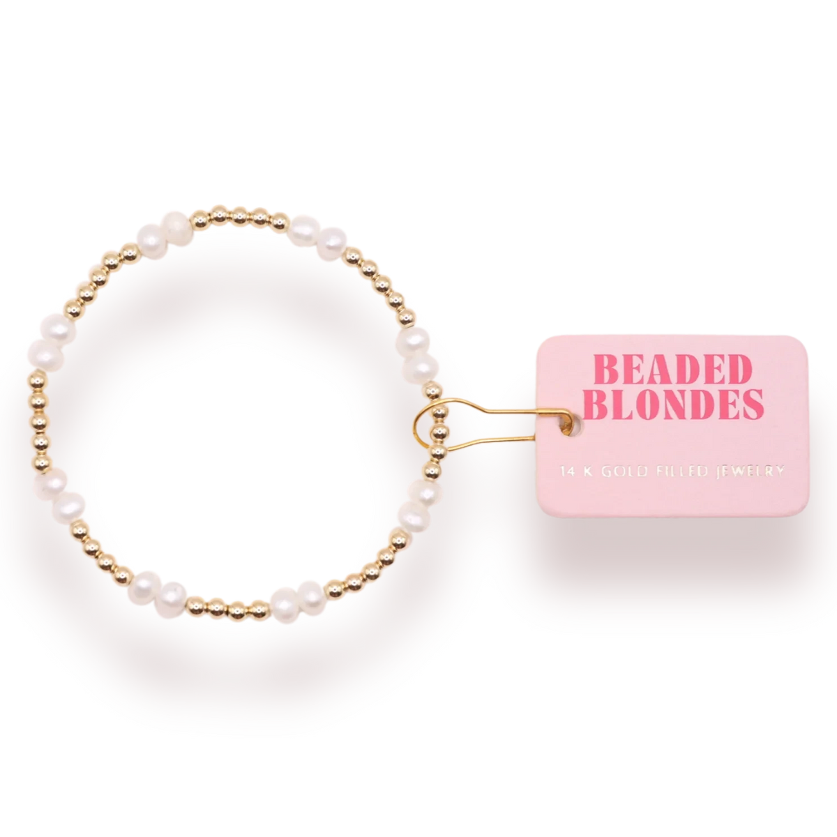 Beaded Blondes Coastal Pearl Bracelet in Gold, showing white freshwater pearls and gold beads beside a brand tag.
