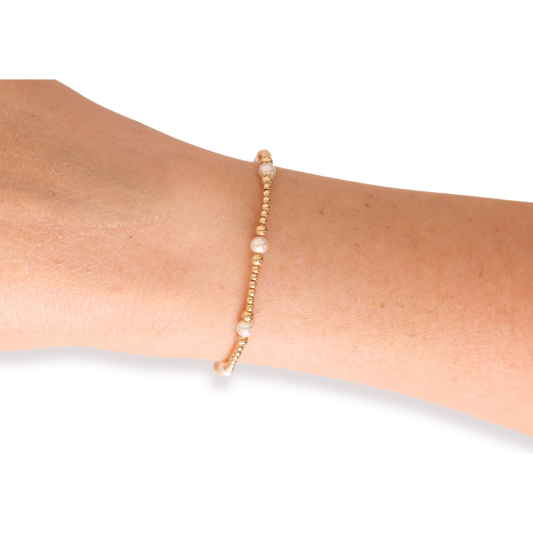 Beaded Blondes Dainty Sutton Pearl Bracelet worn alone on a wrist.