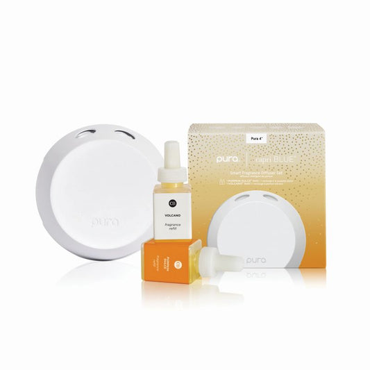 Pura diffuser and packaging on a white background