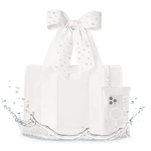 Case-Mate Bow Jelly Tote Bag - Ivory Pearl, front view with matching pouch and a splash effect.