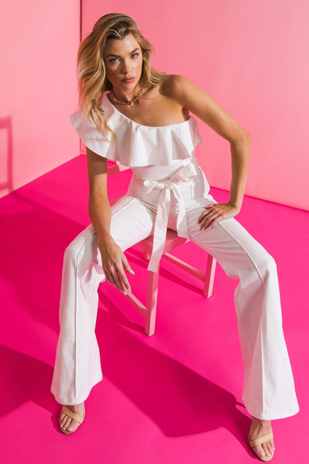 BOUTIQUE CELEBRATION SENSATION DENIM JUMPSUIT WHITE FRONT 2