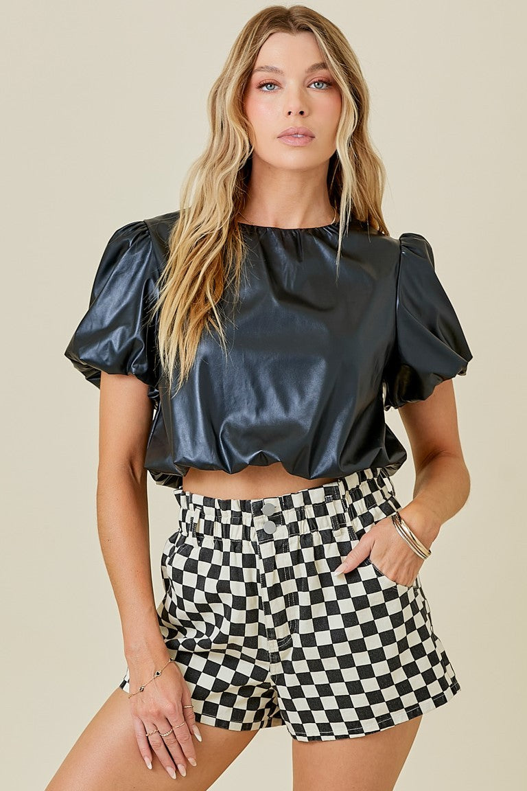 BOUTIQUE CROPPED LEATHER BUBBLE TOP BLACK FRONT 2