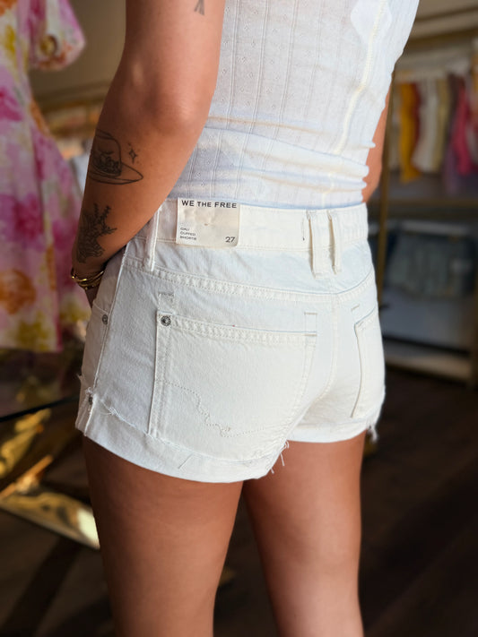 model wearing white wash denim shorts from the back