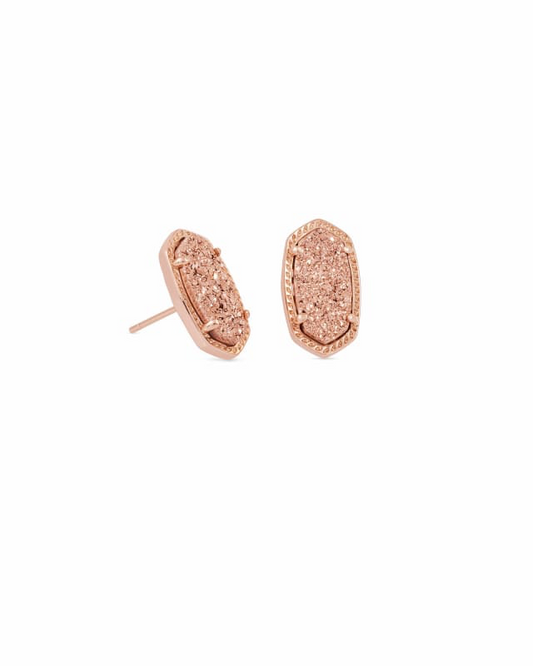 A pair of rose gold stud earrings with pink accents on the post, designed by Kendra Scott.
