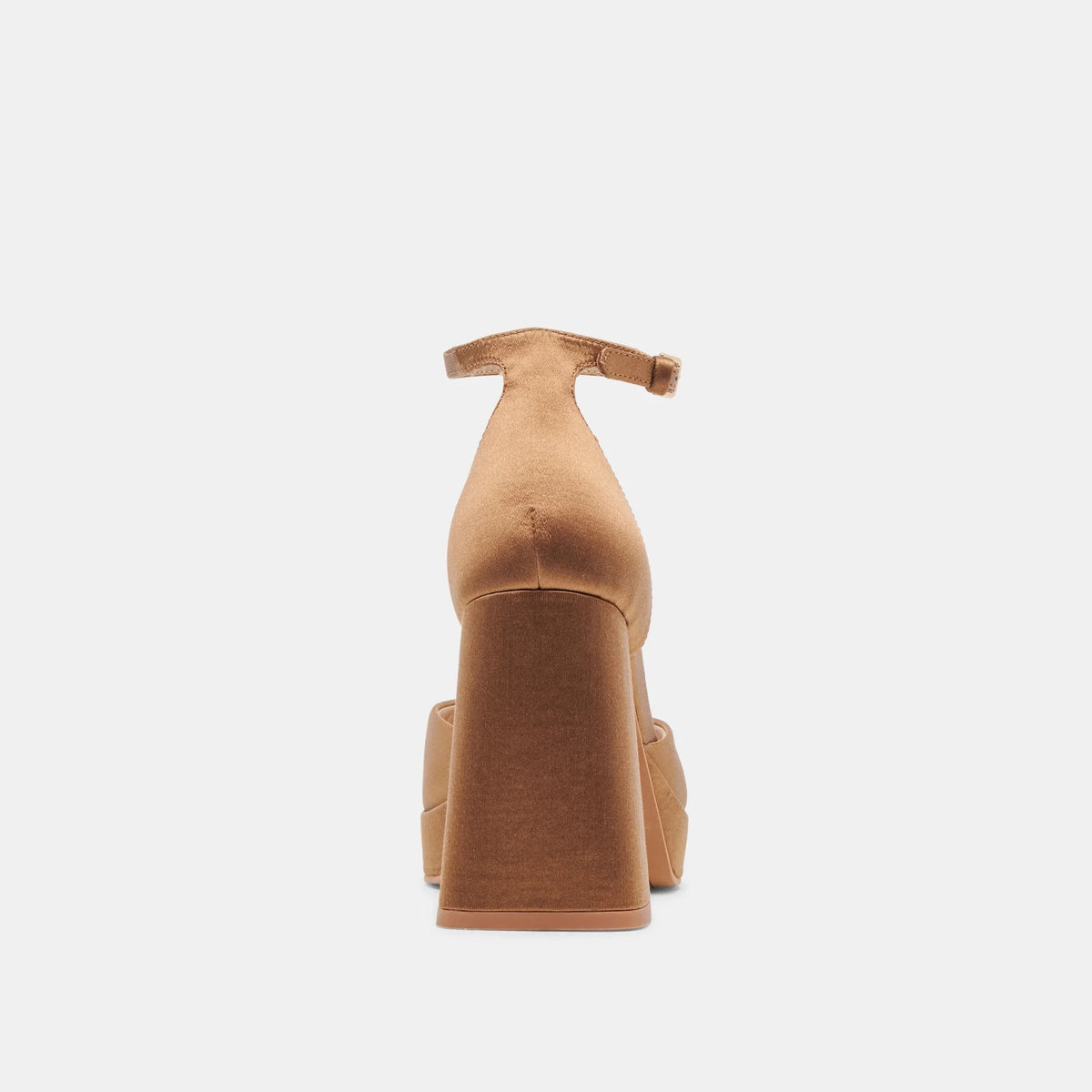 DOLCE VITA Pandro Heels in Mid Brown Satin, back view.