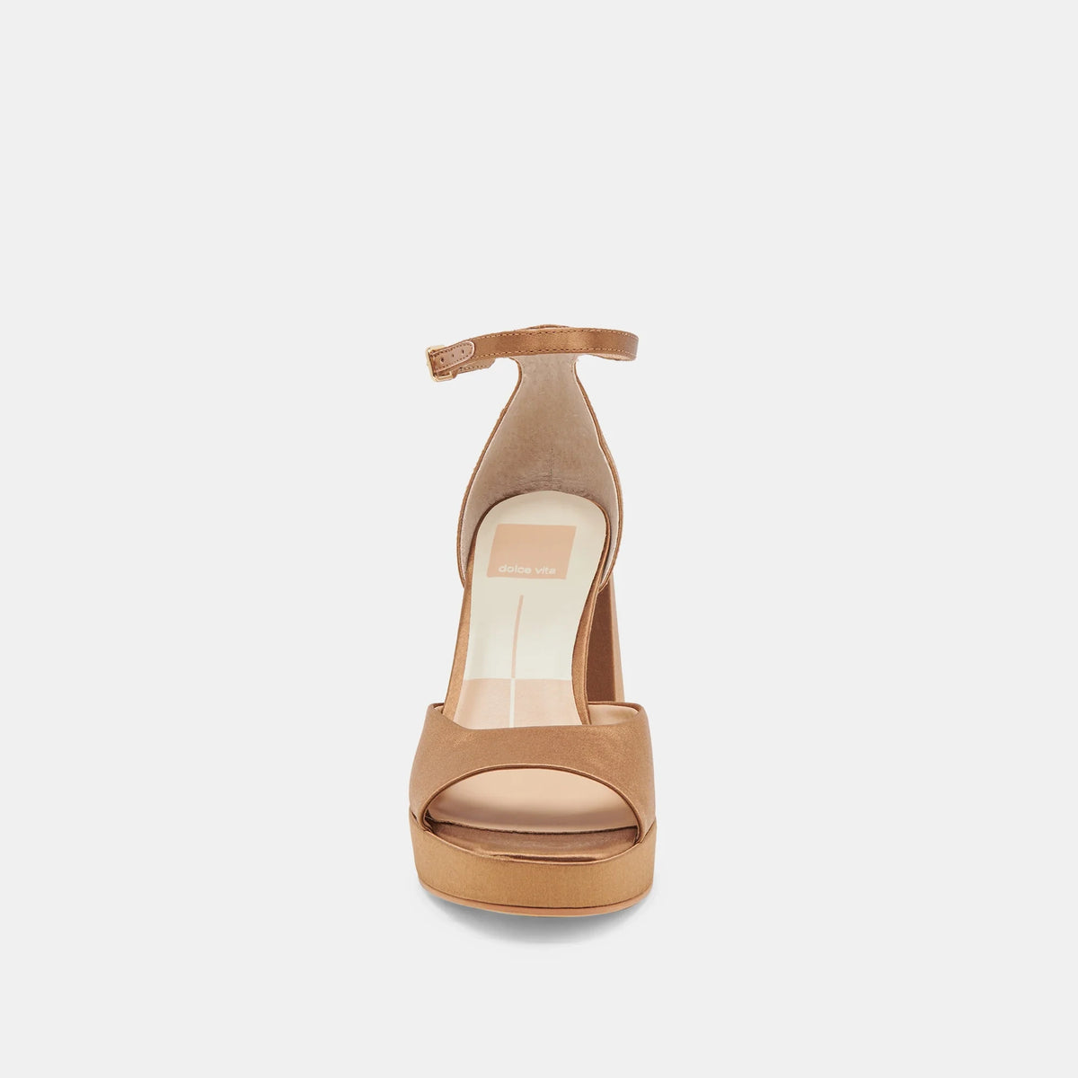 DOLCE VITA Pandro Heels in Mid Brown Satin, front view.