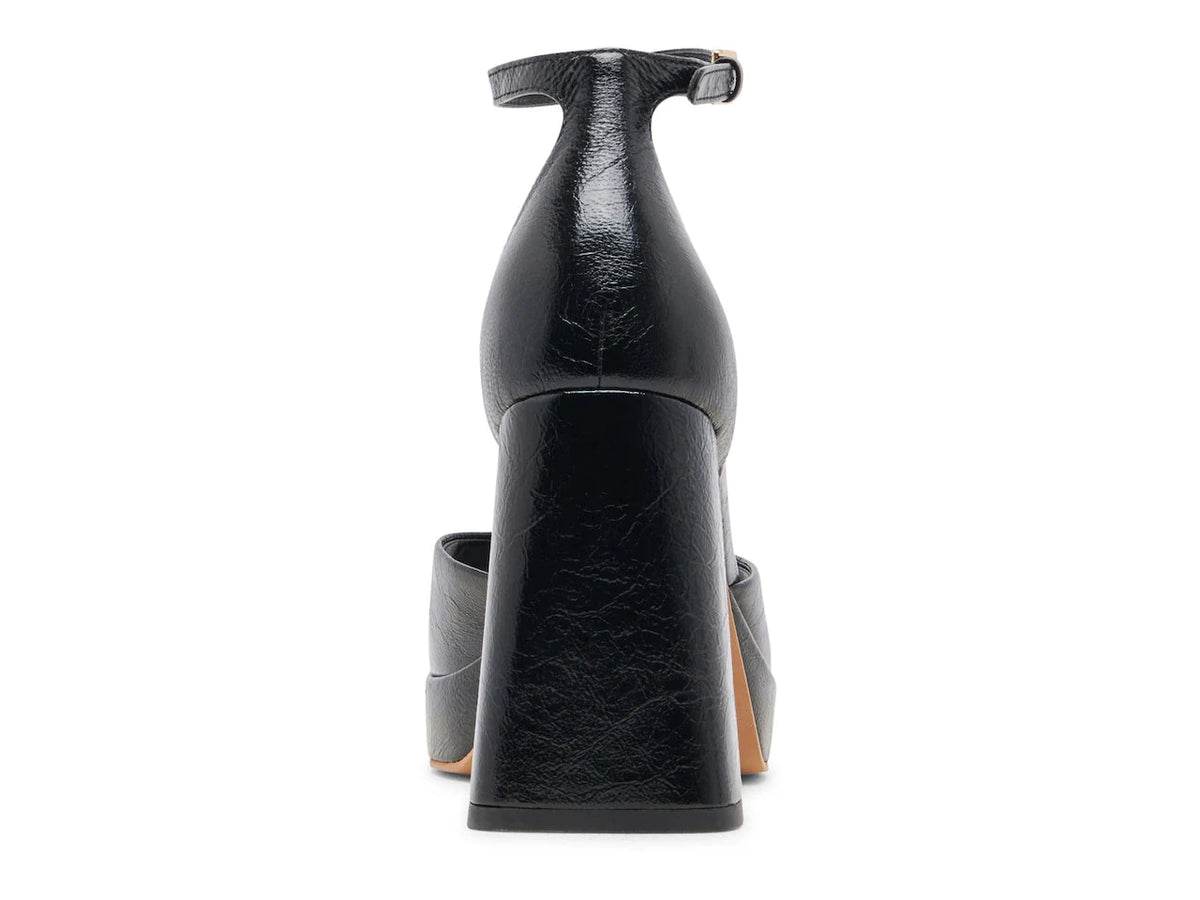 DOLCE VITA Pandro Heels in Midnight Crinkle Patent, back view.