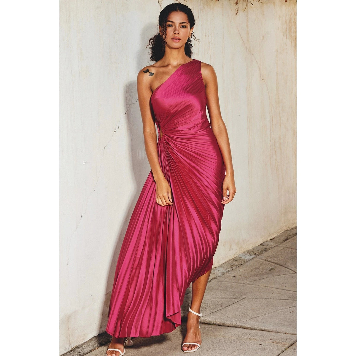 DRESS FORUM Olympia Asymmetrical Pleated Dress in Viva Magenta, front view.