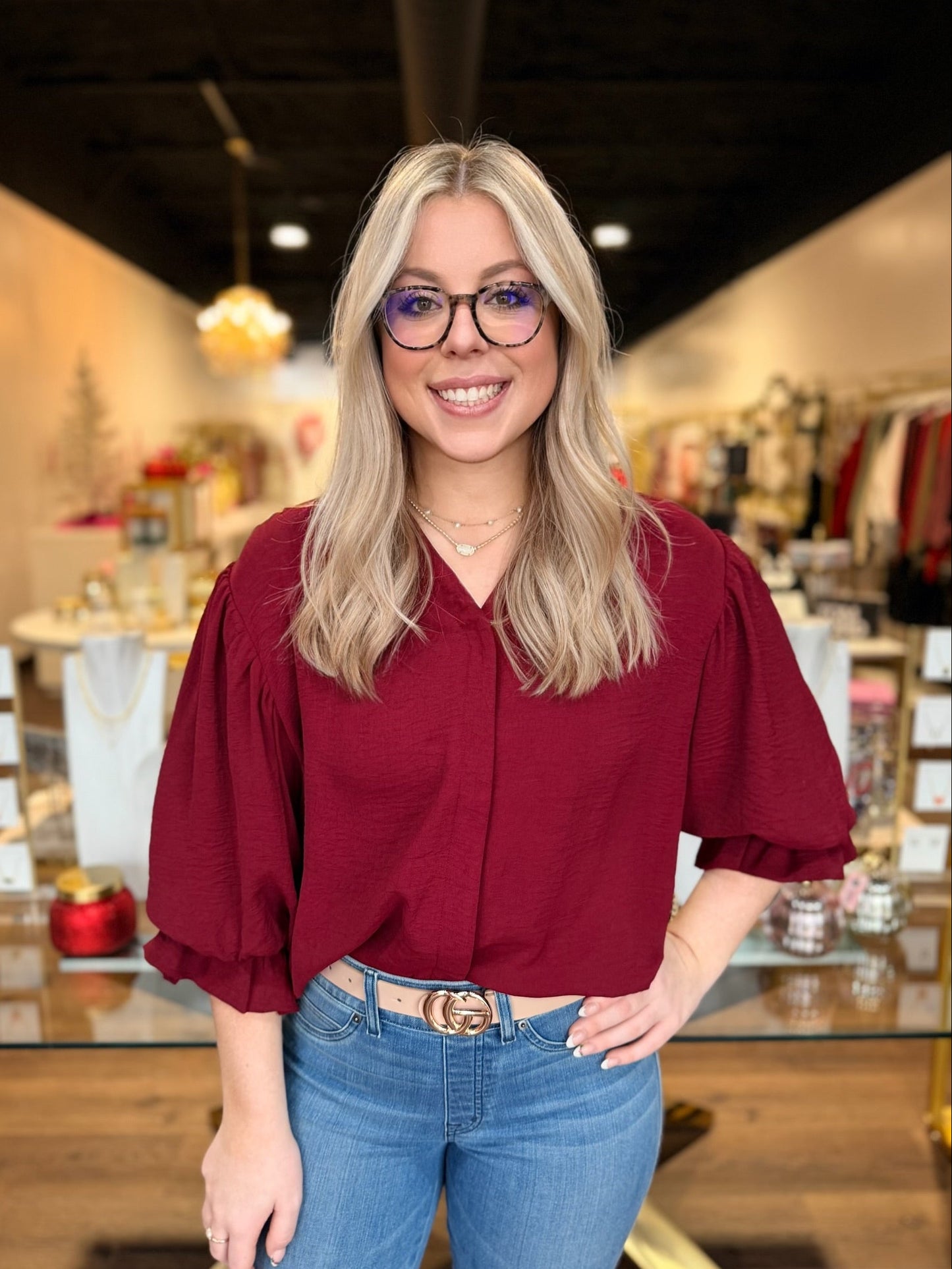 BOUTIQUE EVERYDAY CHARM BLOUSE BURGUNDY ON MODEL