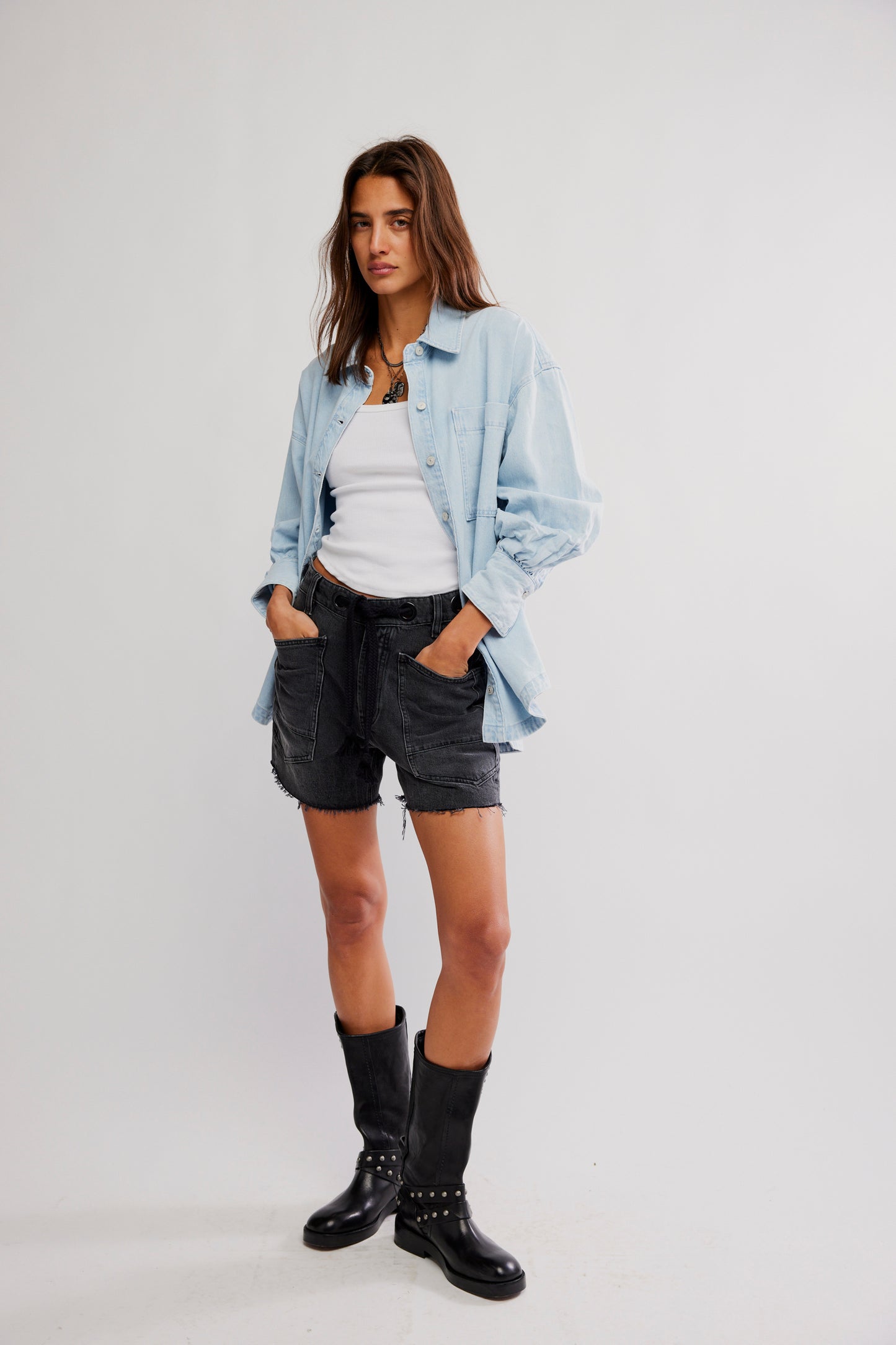 BOUTIQUE FREE PEOPLE ASHLEY DENIM SHIRT CLASSIC BLUE WASH FRONT 3