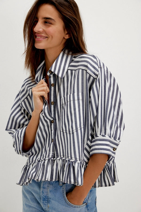 BOUTIQUE FREE PEOPLE BAILEY STRIPE SHIRT NAUTICAL NAVY COMBO FRONT 2