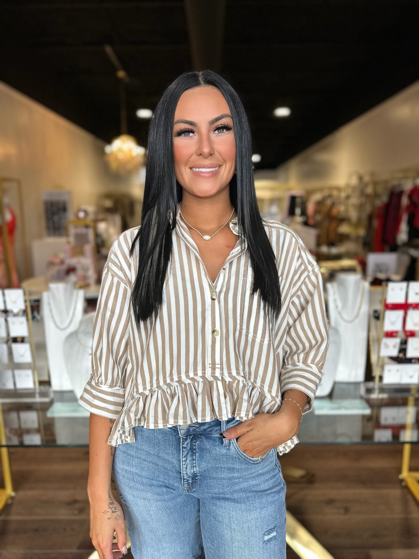 BOUTIQUE FREE PEOPLE BAILEY STRIPE SHIRT NEUTRAL COMBO FRONT ON MODEL