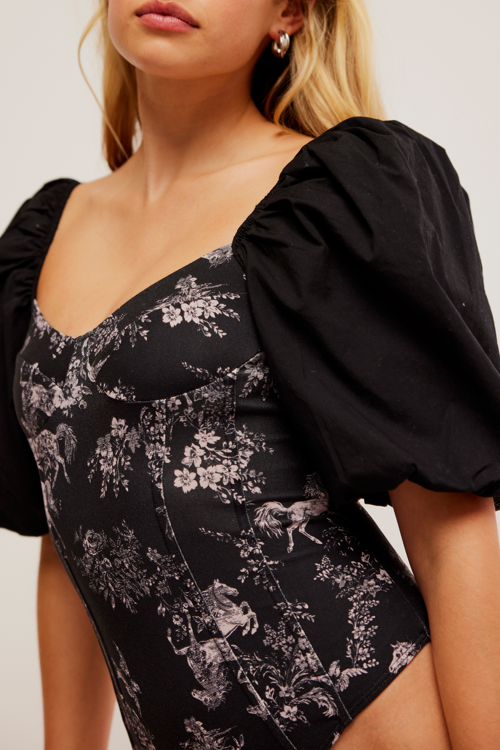 BOUTIQUE FREE PEOPLE INTIMATELY PRAIRIE ROSE BODYSUIT BLACK COMBO FRONT 2