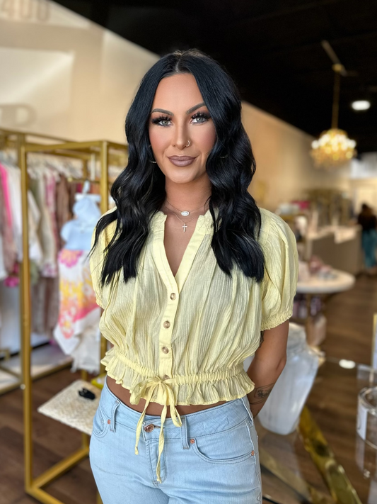 BOUTIQUE FREE PEOPLE LITTLE CLOUD SHIRT BANANA CREAM ON MODEL FRONT