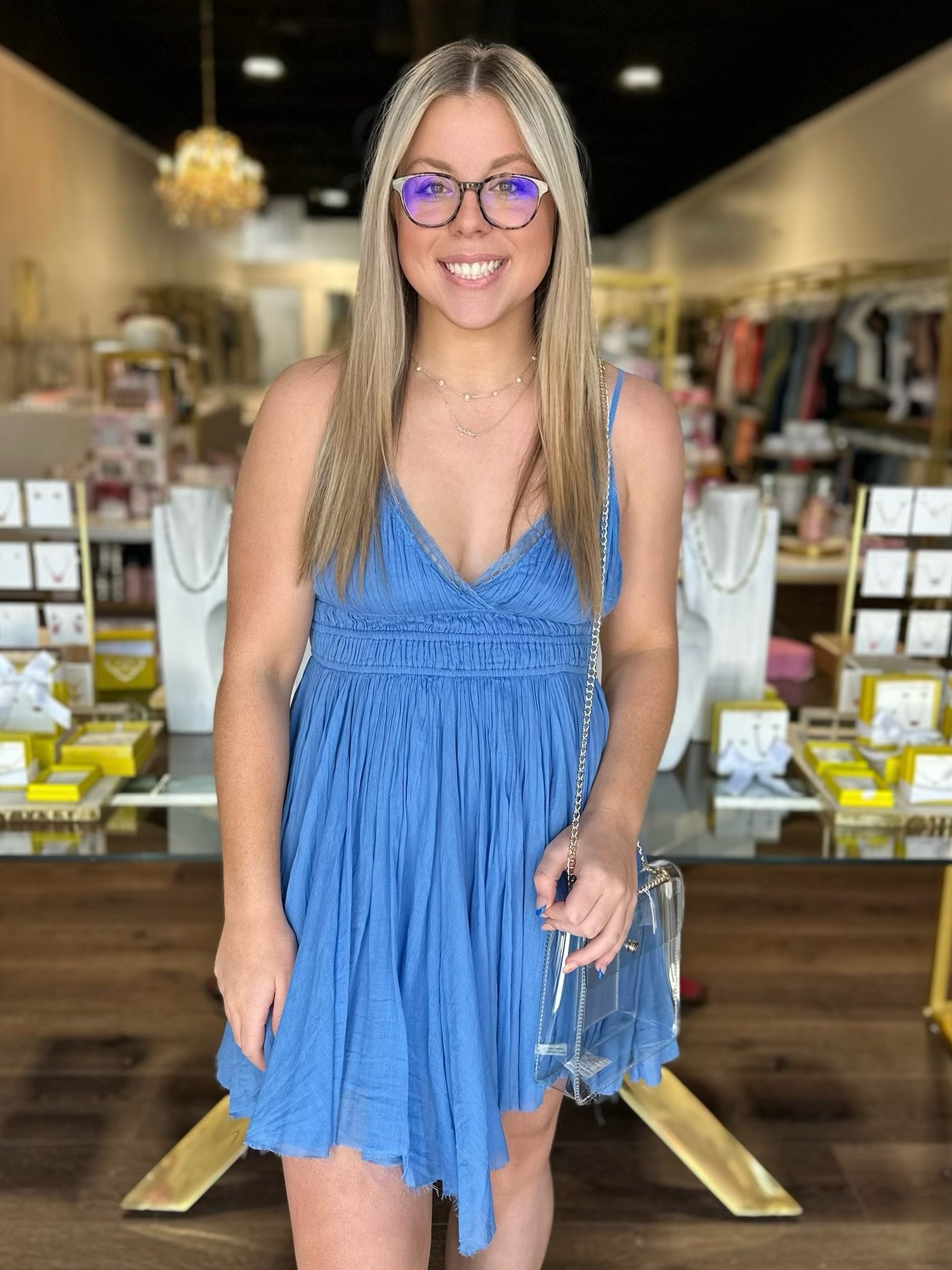 BOUTIQUE FREE PEOPLE ONE DELIA SLIP DRESS BLUE VISTA ON MODEL FRONT