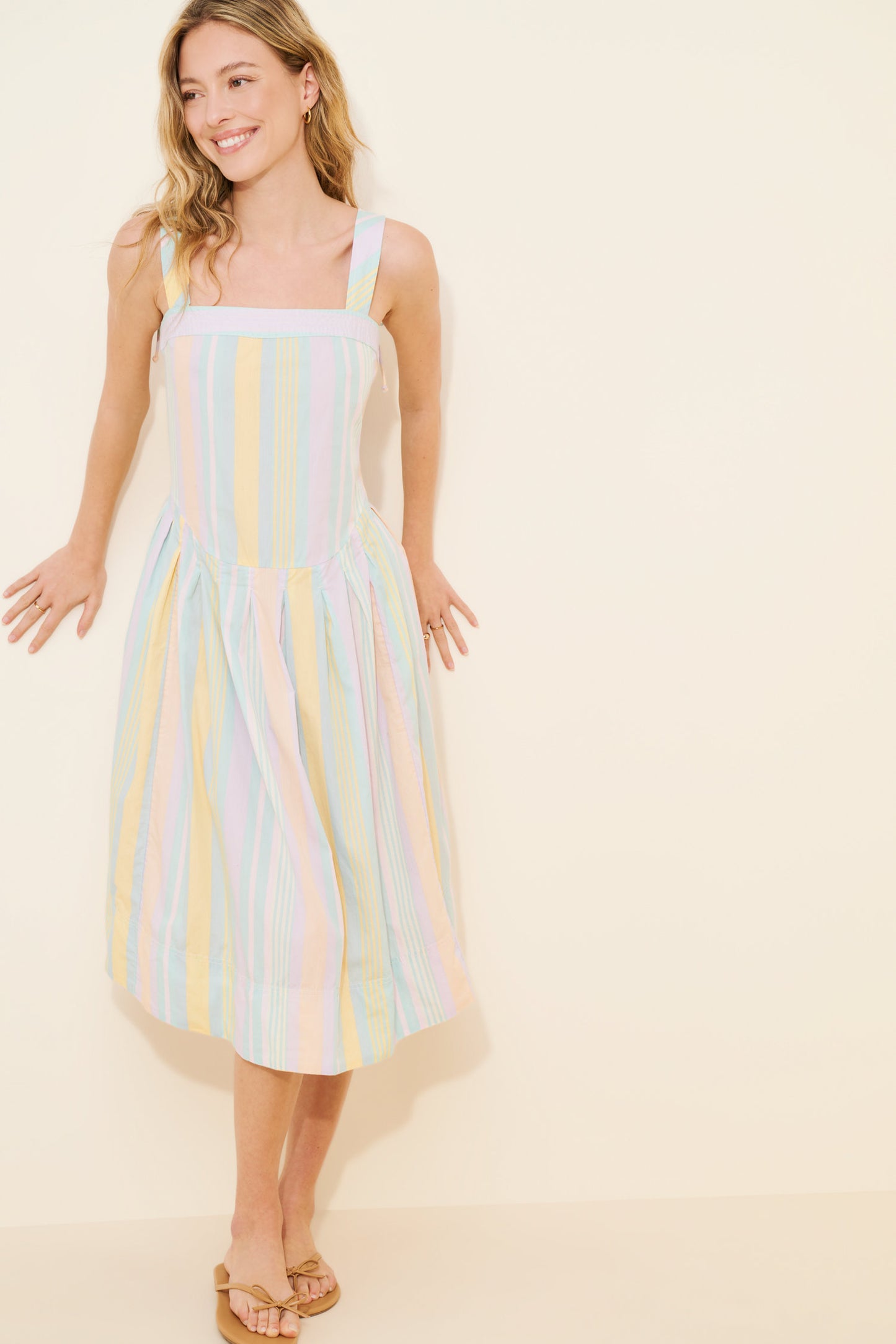 BOUTIQUE FREE PEOPLE PRIMAVERA STRIPED MIDI DRESS PASTEL COMBO FRONT