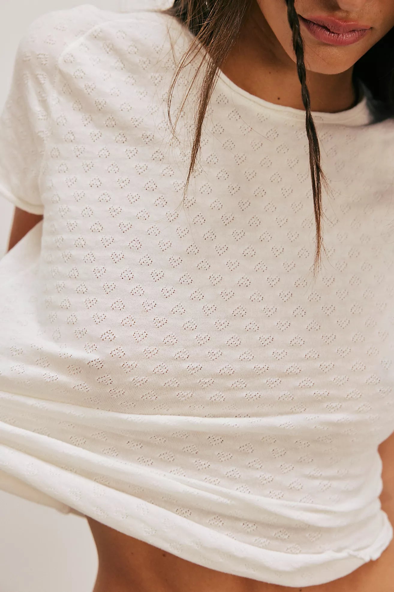 BOUTIQUE FREE PEOPLE WE THE FREE BE MY BABY POINTELLE SHORT SLEEVE TEE FRONT 2 IVORY