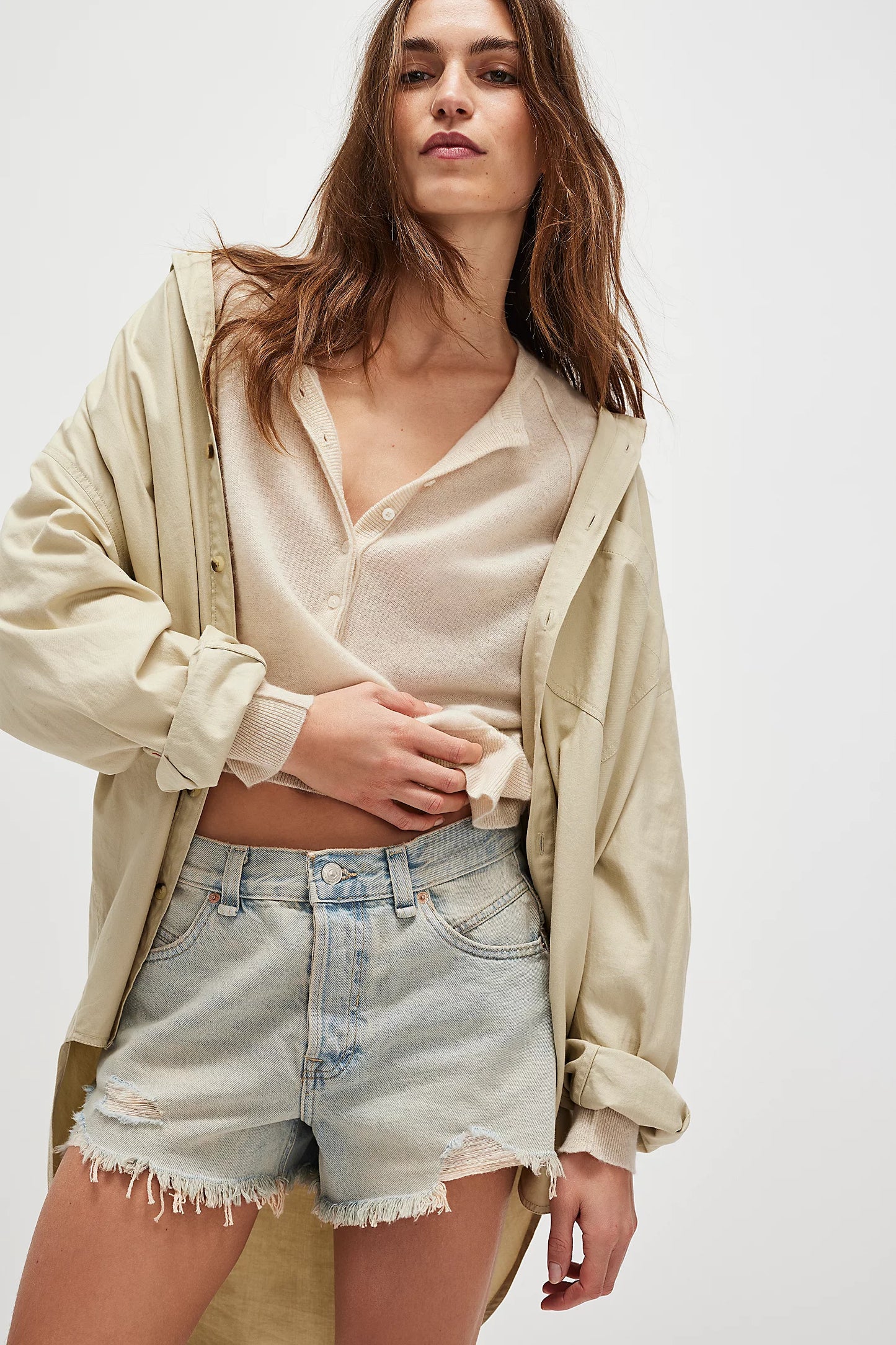 BOUTIQUE FREE PEOPLE WE THE FREE NOW OR NEVER DENIM SHORTS WELL WORN FRONT 2