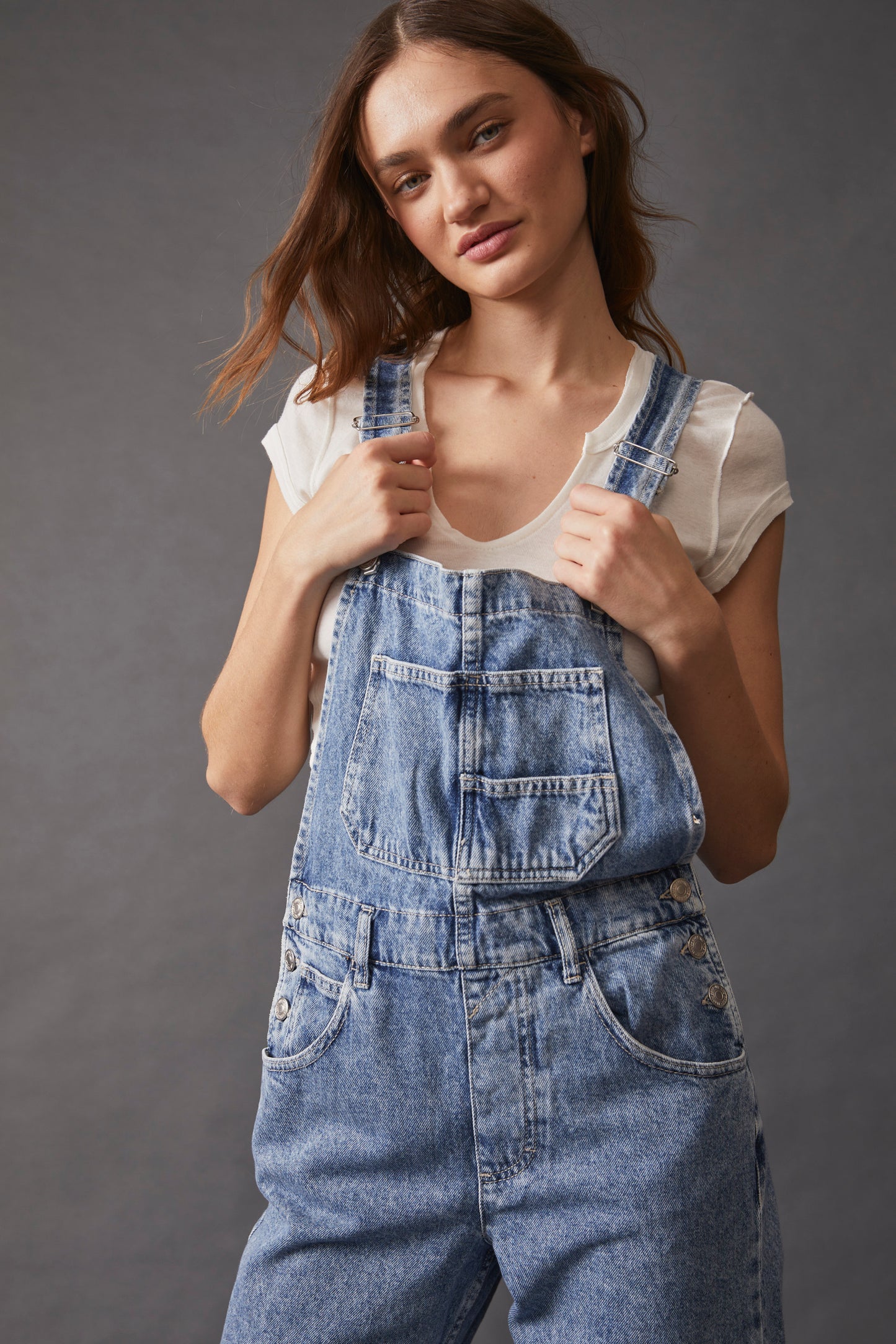 BOUTIQUE FREE PEOPLE WE THE FREE ZIGGY DENIM OVERALLS POWDER BLUE FRONT 2