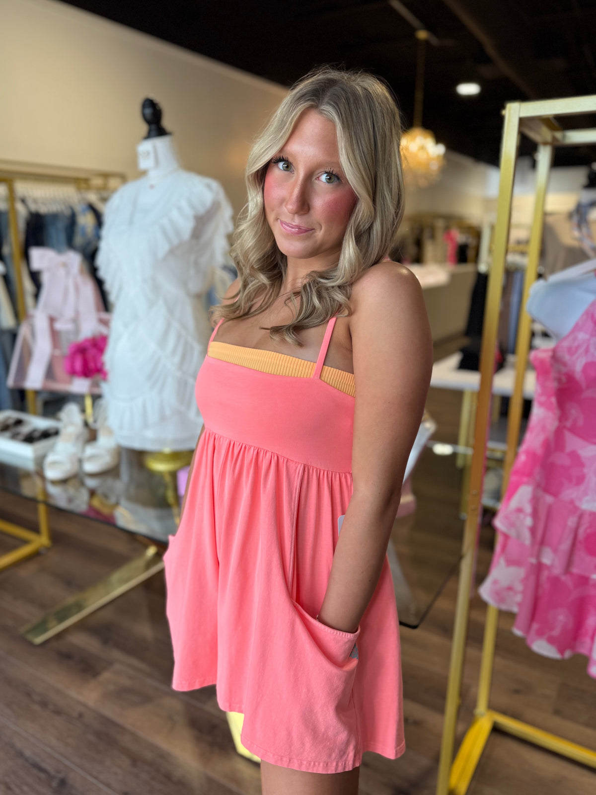 Model in Free People Strappy Romper in Just Peachy at Britique Boutique in Bonaire, Georgia