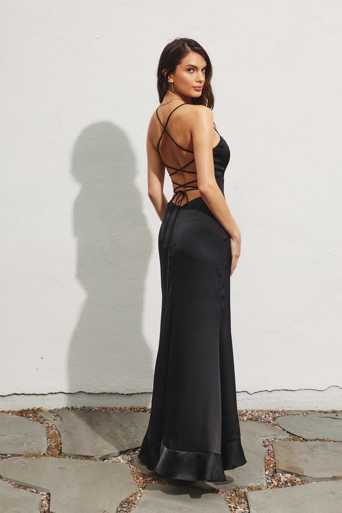 BOUTIQUE GOING OUT OPEN BACK RUFFLED MAXI DRESS BLACK BACK