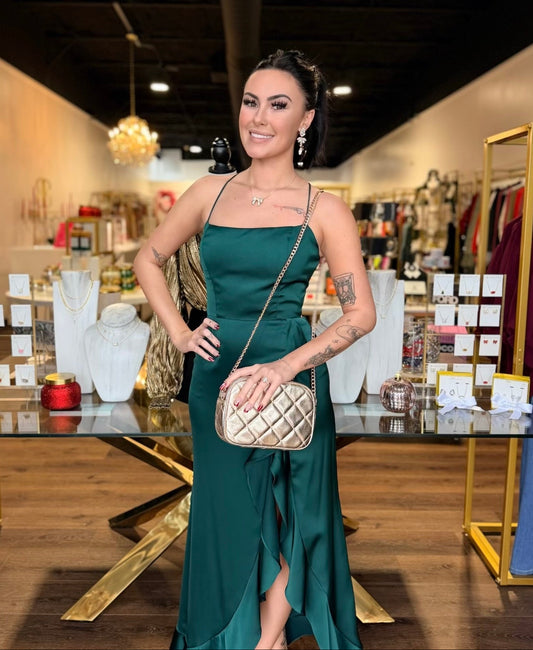 BOUTIQUE GOING OUT OPEN BACK RUFFLED MAXI DRESS EMERALD FRONT ON MODEL