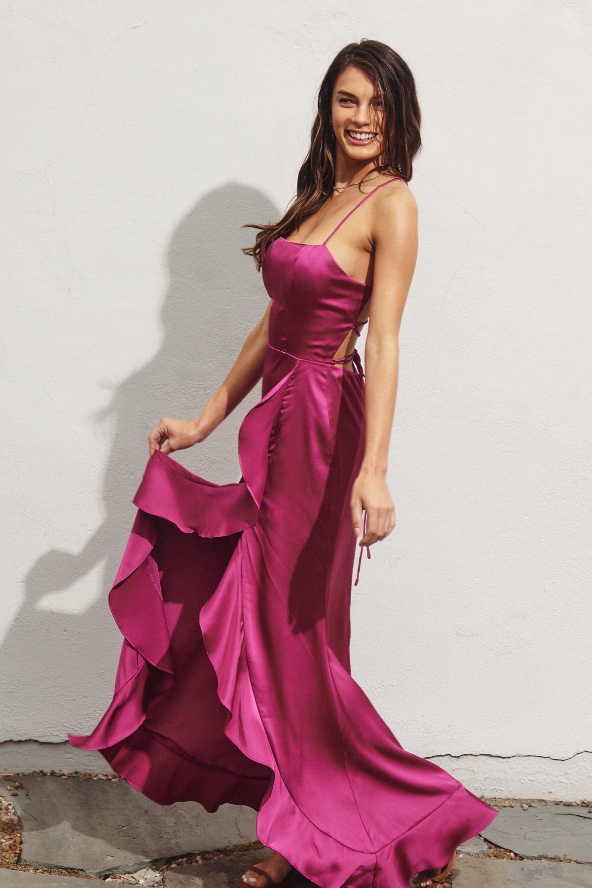BOUTIQUE GOING OUT OPEN BACK RUFFLED MAXI DRESS MAGENTA SIDE