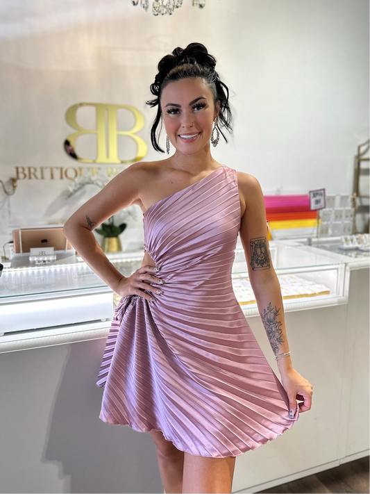 BOUTIQUE GOING PLACES MINI DRESS MAUVE FRONT ON MODEL