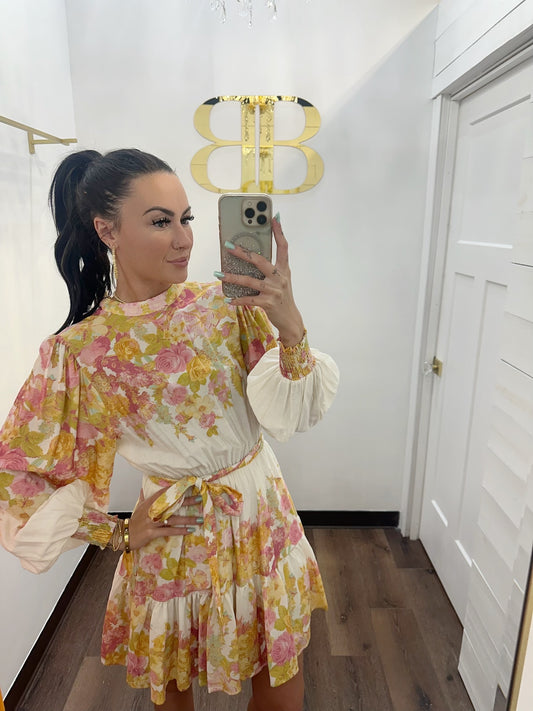 BOUTIQUE GO GET IT MINI DRESS IVORY PINK FLORAL FRONT 2