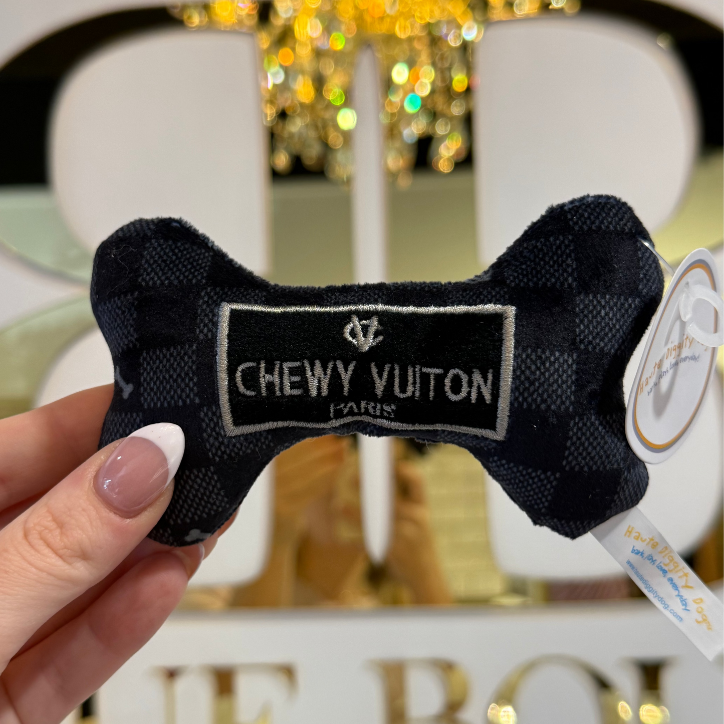 BOUTIQUE HAUTE DIGGITY DOG BLACK CHECKER CHEWY VUITON BONE IN HAND