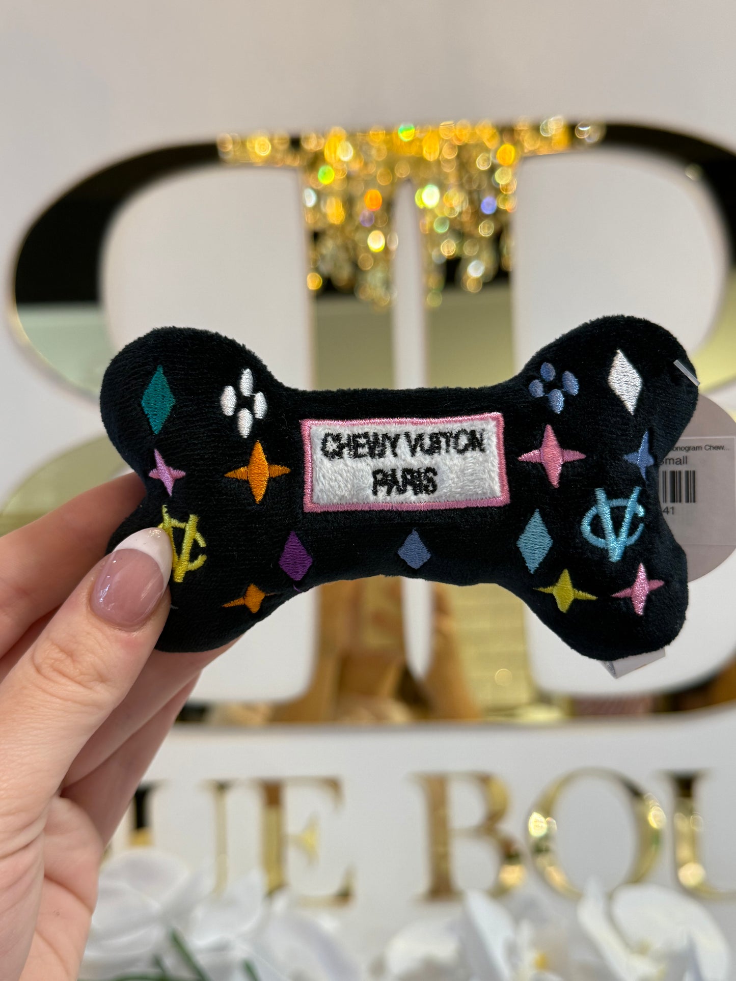 BOUTIQUE HAUTE DIGGITY DOG BLACK MONOGRAM CHEWY VUITON BONE IN HAND