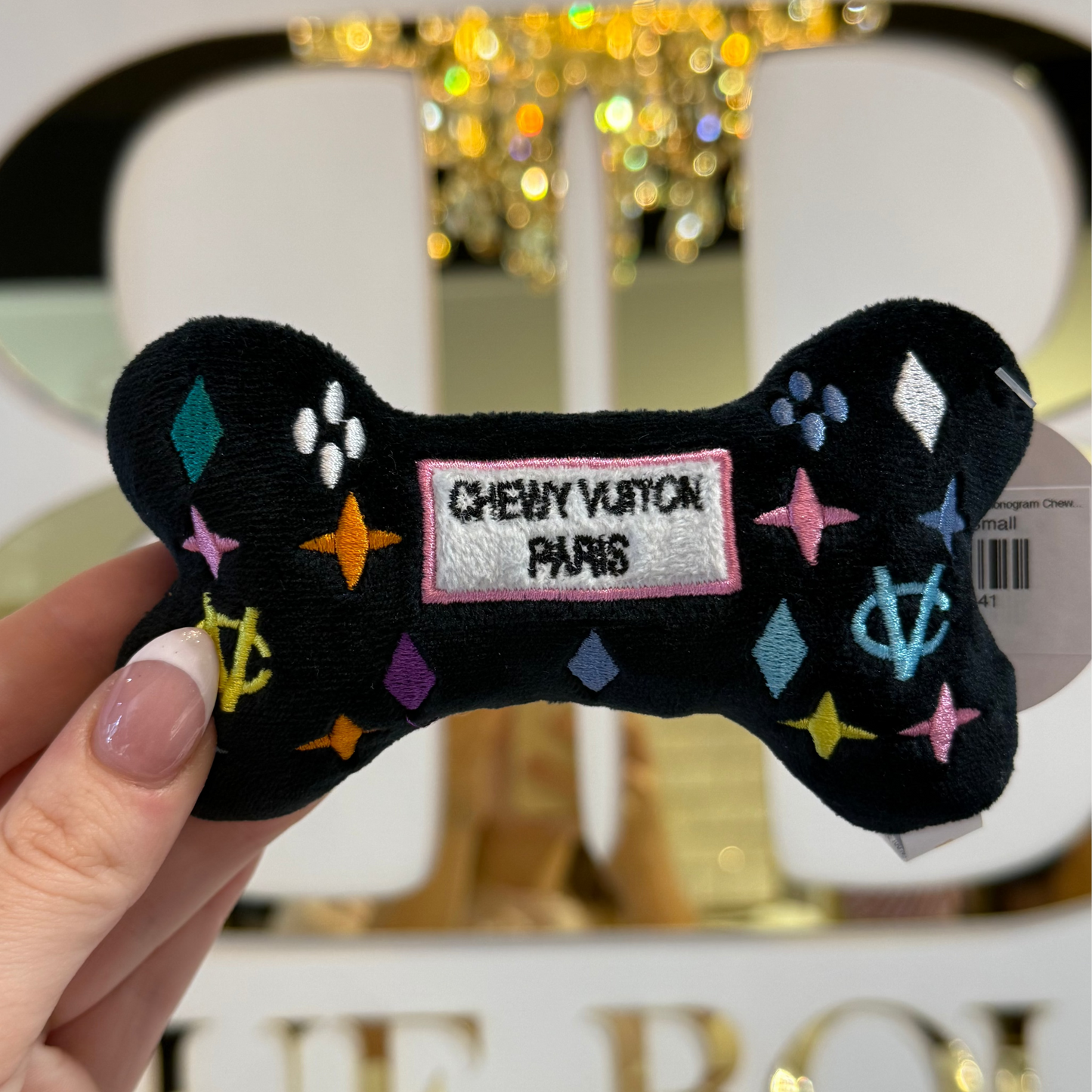 BOUTIQUE HAUTE DIGGITY DOG BLACK MONOGRAM CHEWY VUITON BONE IN HAND