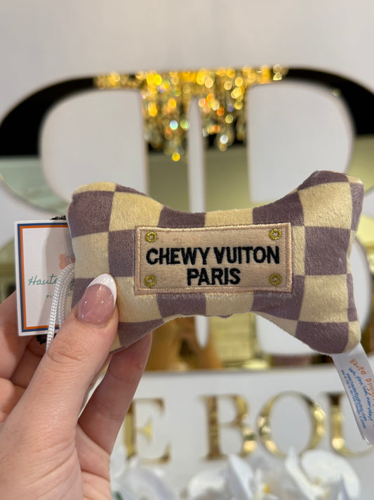 BOUTIQUE HAUTE DIGGITY DOG CHECKER CHEWY VUITON BONE IN HAND
